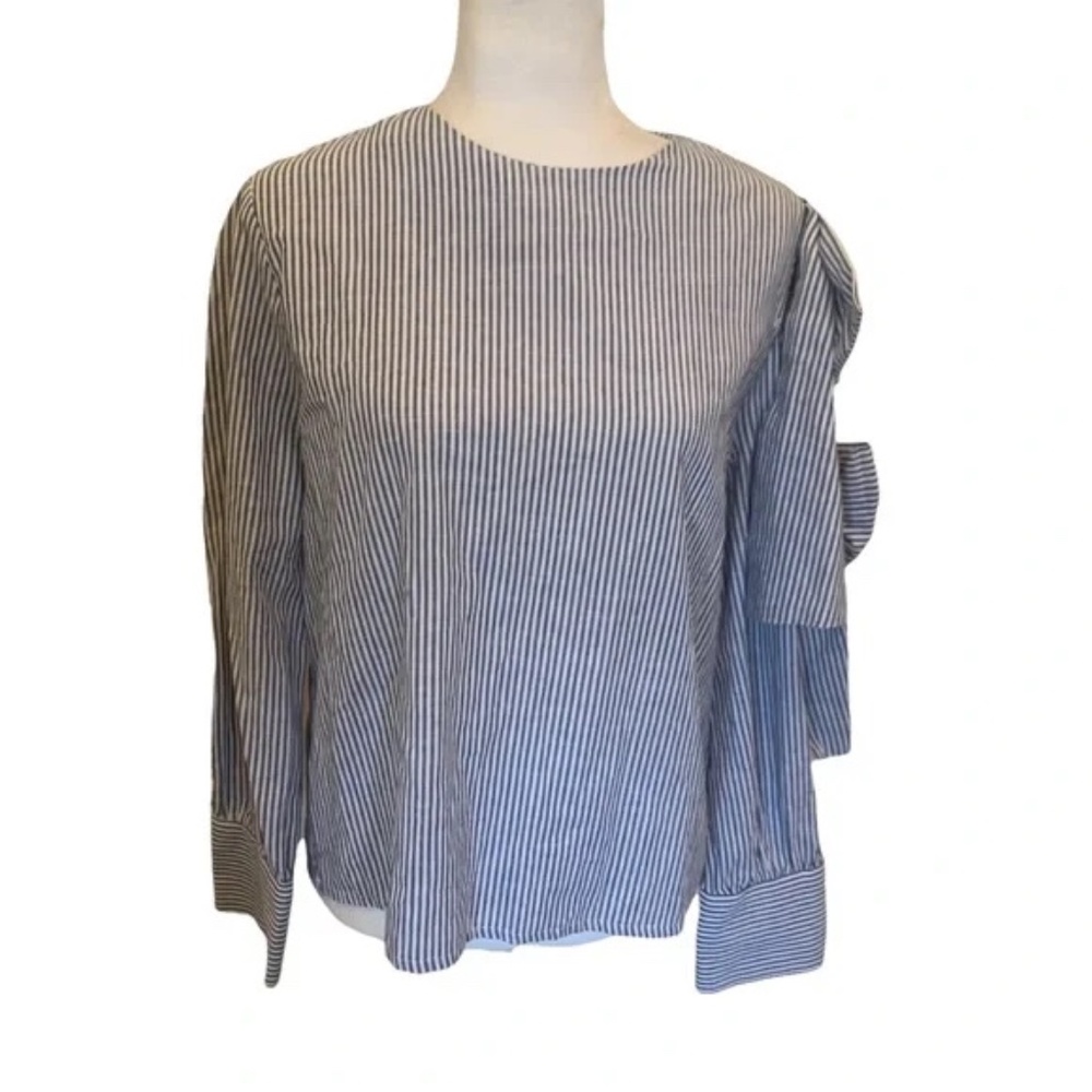 Storets Angelay Double Ribbon Bow Long Sleeve Blue White Striped Blouse M Top - Picture 2 of 5